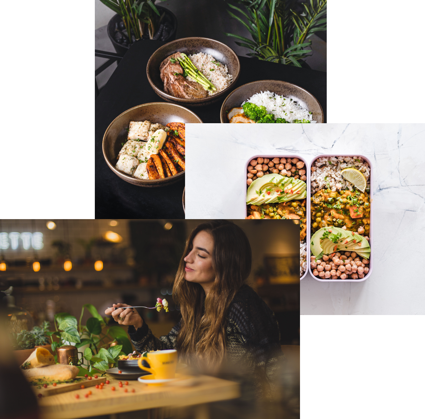 Woman enjoying food, meals in a storage container and food bowls on a table